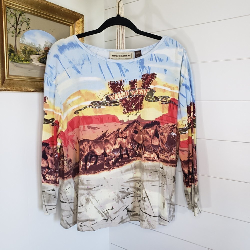 Bit & Bridle Western Horse Equestrian Wild West 3/4 Sleeve Sequins Top 1X